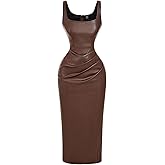 SHENHE Women's Faux Leather Dress Sleeveless Ruched Bodycon Slit Evening Party Midi Dress