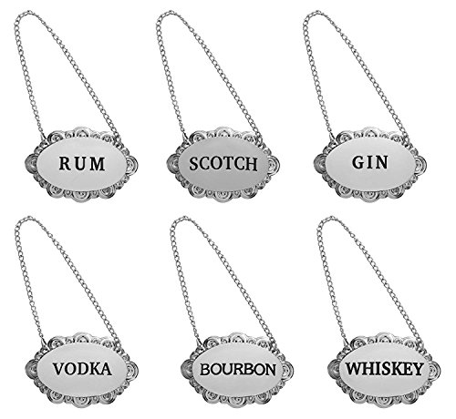 Amlong Plus Oval Liquor Tags Alpha Set of 6 (Whiskey, Vodka, Bourbon, Scotch, Gin, Rum)