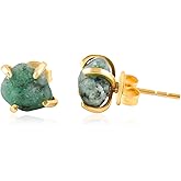 Raw Stone Gold Stud Earrings For Women Natural Raw Gemstone Dainty Pair, Birthstone Energy Crystals Jewelry in 14K Gold Plating Flat Back Stud Earrings Trendy Gifts