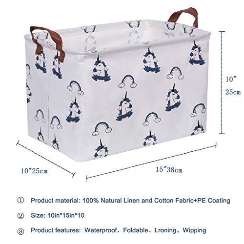 TIBAOLOVER Square Natural Linen & Cotton Fabric Storage Bin with Handles for organizing Kids Toy/Playroom Organization/Toy Bin/Closet/Shelf Baskets/Baby Hamper (Blue Unicorn)