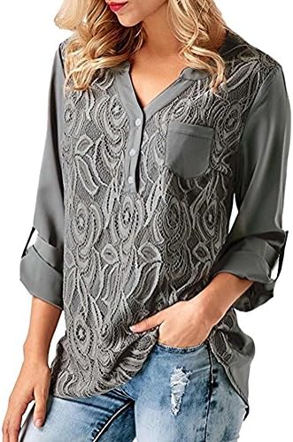 Womens Fashion Stylish Fall 3 4 Cuffed Sleeve V Neck High Low Casual Chiffon Tunic Shirts Lace Tops Casual Button Cuffed Sleeve With Pocket Floral Lace Blouse Tops Grey Large