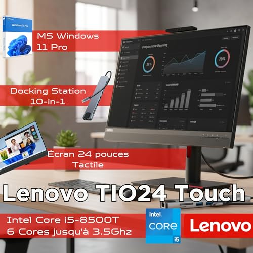Lenovo Écran tactile tout-en-un 24" i5 8500 jusqu'à 3,50 GHz - 16 Go de RAM - 512 Go SSD - Windows 11 Pro - PC de bureau et professionnel USB-C