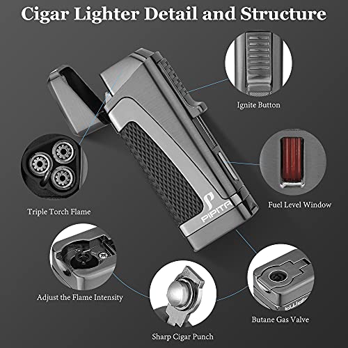 PIPITA Torch Lighter Windproof Triple Jet Flame Butane Cigar Lighter with Punch Cutter Adjustable Refillable Zinc Alloy Lighter (Butane Not Included) (Blue)