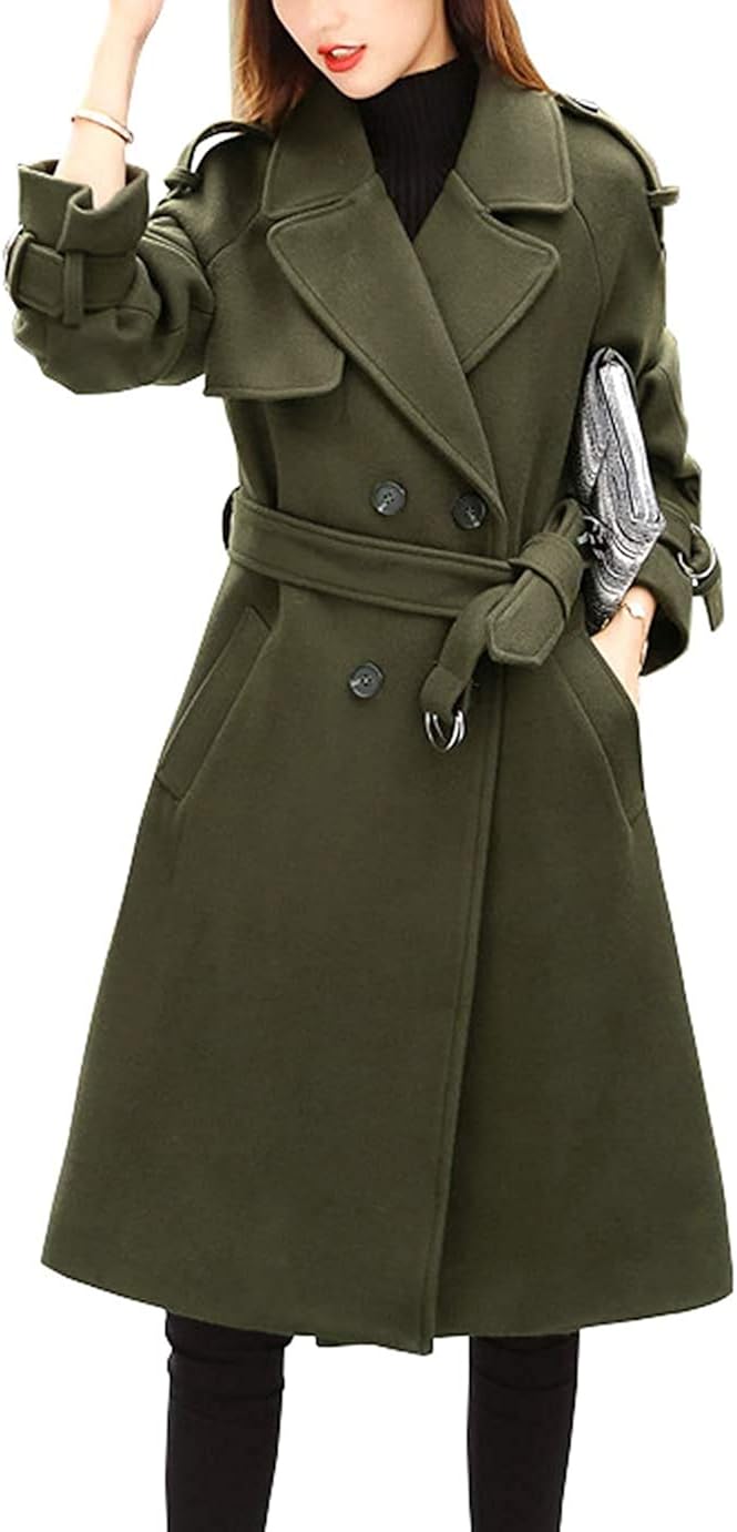 Finzaal Women Double Breasted Pea Coat Woolen With Belt Classic Long Midi: Amazon.ca: Clothing 