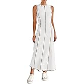 Wenrine Womens Tank Maxi Dress Sleeveless Crew Neck Knit Ribbed Summer Contrast Stitch Dresses