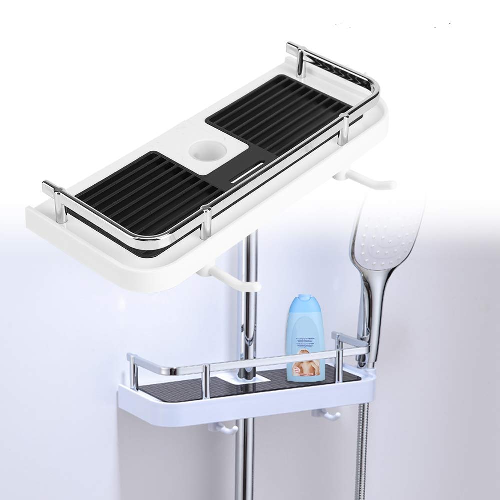 EBTOOLS Shower Rod Shelf, Shower Caddy No Drill Shower Rod Storage Shelf Bathroom Shelf Shower Rack Organiser Holder for Soap Shampoo Towel with Buckle and Shower Head Hook Fit 24mm Shower Rail