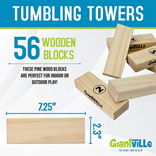 Giantville Giant Tumbling Timber Toy - Jumbo Wooden Blocks Floor Game for Kids and Adults, 56 Pieces, Premium Pine Wood, Carry Bag, Life Size - Grows to Over 5-feet While Playing - by Giantville