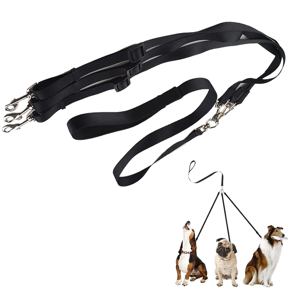 3 in 1 Dog Leashes,Durable Nylon Dog Leash with Padded Handle,Adjustable and Detachable Traction Rope,Pet Triple Lead Coupler,for One/Two/Three Dog Cats Pet Walking,training and running gear(black)
