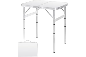 Moosinily Small Folding Table 2FT 4 Height Adjustable Foldable Camping Table Portable Picnic Table Metal Outdoor for Beach BBQ RV White 23.6×15.7 inch