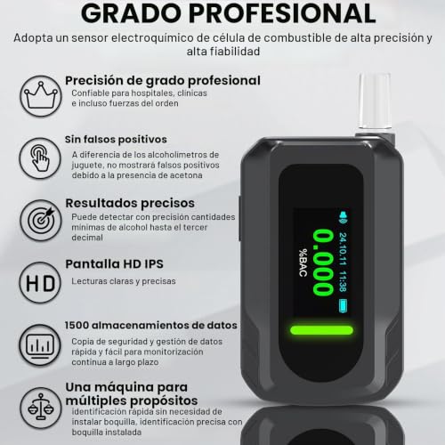 Homcoice Police Breathalyser with 10 Nozzles, Portable Approved Ethylometer with Electrochemical Sensor and USB Rechargeable, Professional Precision Alcoholemia Test for Home/Car Use