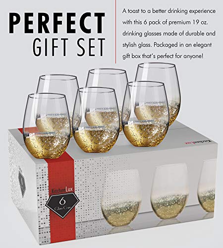 Gold Rimmed Stemless Wine Glasses, 18oz – Set of 6 Elegant Cocktail Tumblers – Premium Glass Drinking Cups – Deluxe Gift Pack - Dishwasher Safe – by Kitchen Lux - Thumbnail 3