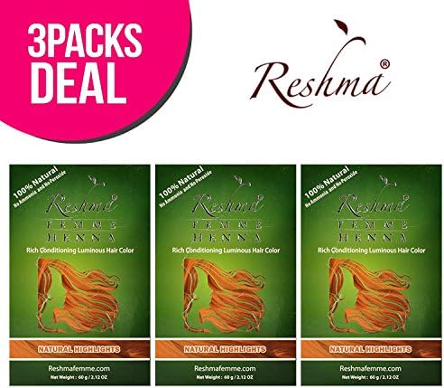 Reshma 100% Natural Henna Semi Permanent Hair Color 2.12oz (Natural Highlights) (3-Pack)