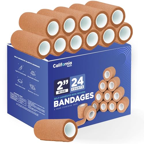 Self adhesive bandage wrap - 2 Inches by 5 Yards (7.5 cm x 4.5 m) Cohesive Bandage for All Sports (Pack of 24) | Brown Non-Woven Self adhering Bandage Wrap | Breathable Athletic Tape for Wrists