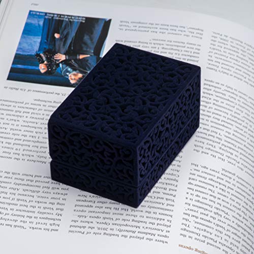 Hollow Velvet Ring Box Velvet Jewelry Box for Rings Couple Double Ring Bearer Box Engagement Gift(Dark Blue) - Thumbnail 5