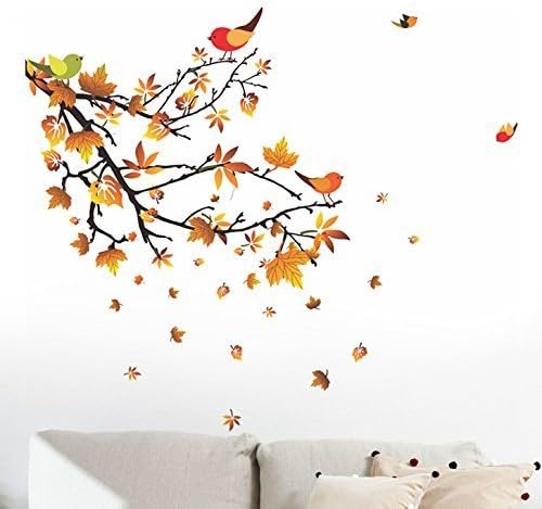 Happy Walls Love Birds On A Autumn Leaves Branch in Mustard Yellow (Wall Coverage 90 cm X 110 cm) Wall Stickers/Decals (5798)