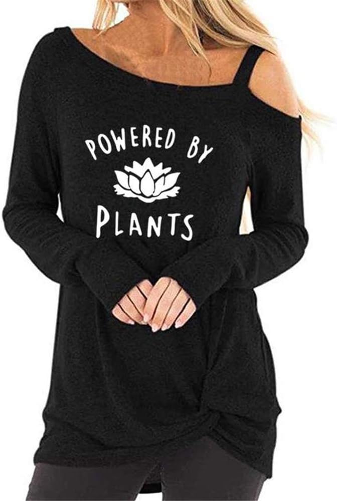 Fashion t-Shirt for Women Long Sleeve Oblique Shoulder Blouse Vegan Letter Print Tops Female Crop Tees