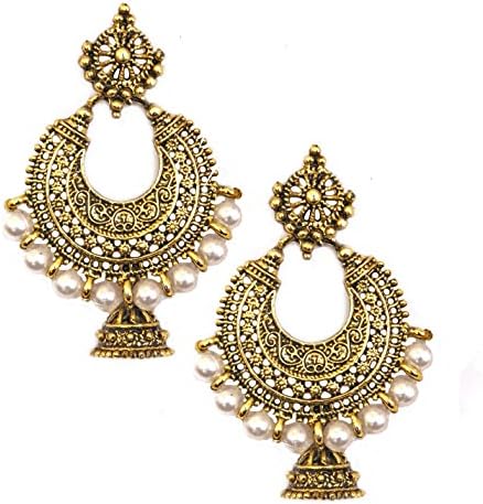 Pahal Traditional Tribal Oxidized Gold Silver Jhumka Earrings White Pearl Indian Wedding Jewelry