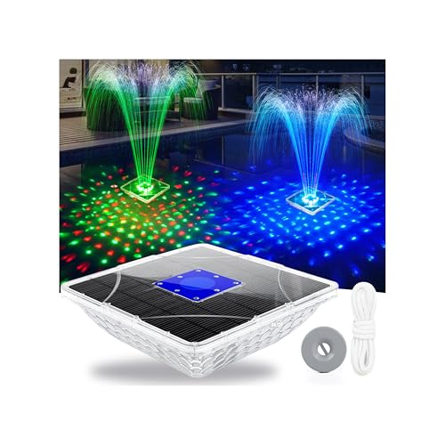 LanBlu Fuente Solar con Espectáculo de Luces, 24 * 24CM Fuente Flotante para Piscina con Ancla, 7 Modo de Iluminación Fuente Solar Jardin Exterior, Flotante Fuente Solar para Estanque Piscina Jardin