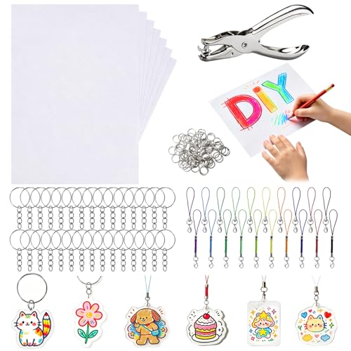 Wosyoodo 171-Piece A5 Crazy Plastic Kit, Includes 20 Transparent Crazy Plastic, Punch, 30 Key Ring, 100 Open Loops, 20 Cord Ties with Instructions for Creative DIY