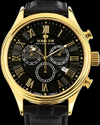 LOUIS-XVI-Herren-Armbanduhr-Danton-Gold-Schwarz-Rmische-Zahlen-Chronograph-Analog-Quarz-echtes-Leder-Schwarz-470
