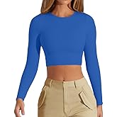 CUHUDA Women's Sexy Crew Neck Crop Top Long Sleeve Basic Fitted Tight Cropped T Shirts
