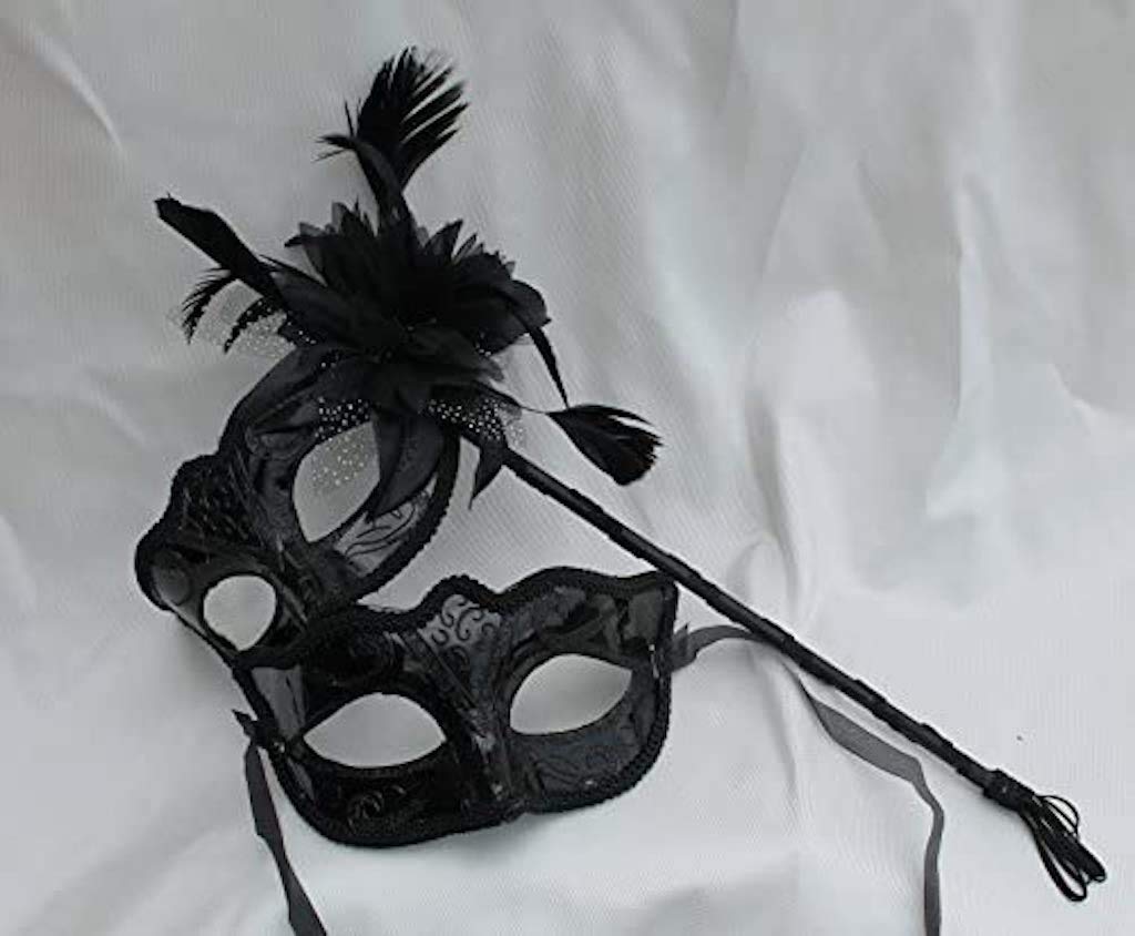 THE GOOD LIFE HIS N HERS PAIR OF HIGH GLOSS BLACK VENETIAN MASQUERADE CARNIVAL PARTY EYE MASKS LADIES MASK WITH STICK & FLOWER,8cm Deep