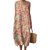 Epanus Women Boho Print Linen Tank Sun Dress Summer Casual Sleeveless A Line Beach Vacation Maxi Dress with Pocket