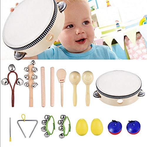 10pcs Musical Instruments Percussion Toy Rhythm Band Set Including Tambourine Maracas Triangle Castanets Wrist Bell for Kids Children Baby