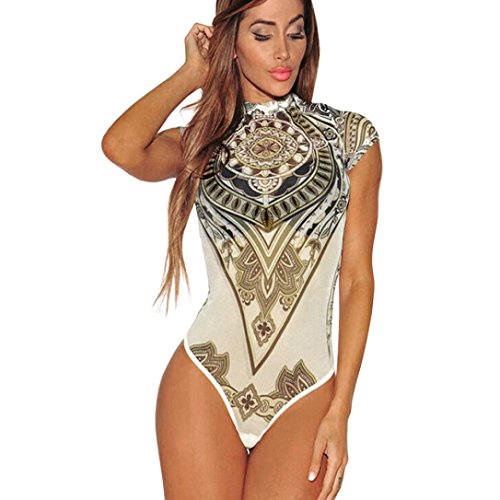 Click Here to See More Images Women Summer Stylish Sexy Print Voile Perspective Bodysuit Jumpsuit Leotard Club Wear (L)
