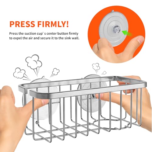 SunnyPoint NeverRust Deluxe Kitchen & Bathroom Sink Sponge Holder Organizer with Adhesive Mount - Additional Suction Cup Included – Sponge & Brush NOT Included – 7.4 x 3.3 x 2.75 Inch