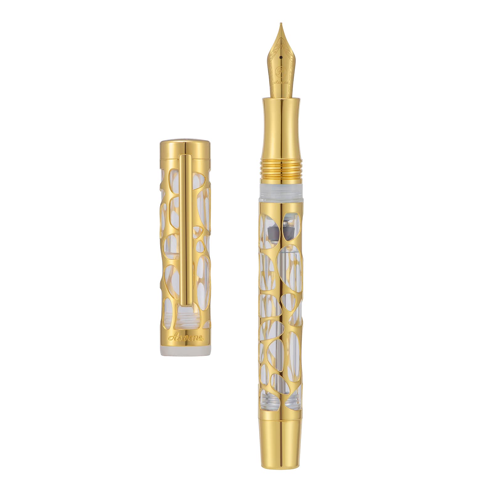 Asvine V169 Vacuum Filling Fountain Pen Medium Nib, Water Drop Skeleton Gold Trim Transparent Clear Acrylic Pen Case Set