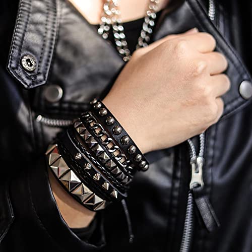 Eigso 4 Pcs Punk Leather Rock Studded Bracelets for Men Women Retro Classic Spiked Metal Cuff Bracelet Set for Man Woman