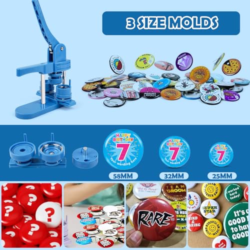 Button Making Machine, 25mm/32mm/58mm 3 in 1 Round Badge Press Kit with 300 Pieces Buttons for Gifts and Pins, Dark Blue