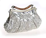 Senchanting Retro Beaded Sequin Design Metal Frame Kissing Lock Satin Interior Evening Purse (Silver)