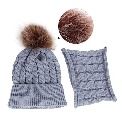 Baby Girls Boys Winter Beanie Hat Scarf Set Toddler Warm Knitted Hats Circle Scarf for Infant Newborn Winter Pom Hat Grey
