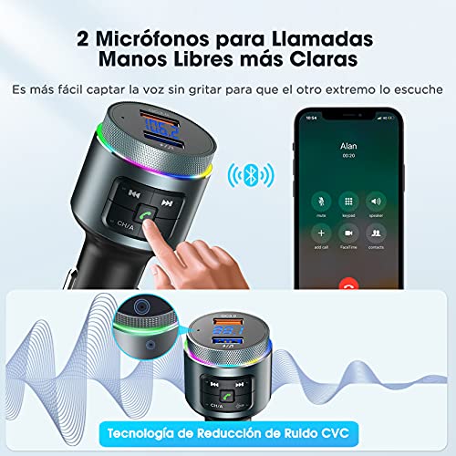 Transmisor FM Bluetooth 5.0 para Coche, [Detecta Frecuencia Libre Automático], RGB 9 Colores Luz de Anillo, Dual Micrófono Manos Libres Reproductor MP3, QC3.0 Adaptador, Siri Google Asistente