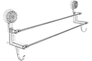 Garneck No-Drill Suction Cup Towel Holder Wall Mounted Double-Pole Rack with Hooks for Bathroom and Kitchen