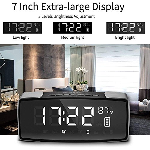 SMARTRO P2 Alarm Clock Bluetooth Speaker, Dual Loud Alarm Clocks Radio for Bedrooms, Bedside,Heavy Sleepers, 7" Large LED Display, Digital FM Radio, Stereo Sound, Snooze, AC& Battery Operated