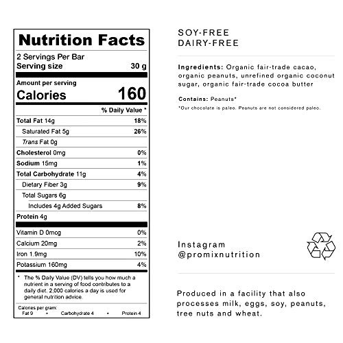 Promix Vegan Paleo Dark Chocolate - Peanut Butter Cup - 70% Cacao - No Refined Sugar - Gluten, Dairy, and Preservative Free - Low Glycemic - Healthy Organic Natural Snack - Fair Trade - 12 Bars