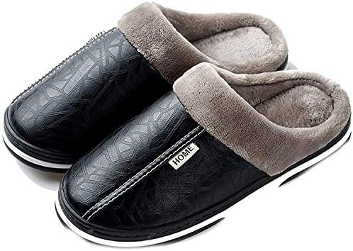 2019 Men's Slippers Winter Leather Thick with Plush Home Waterproof Flats Warm Indoor Shoes Non-Slip Slipper