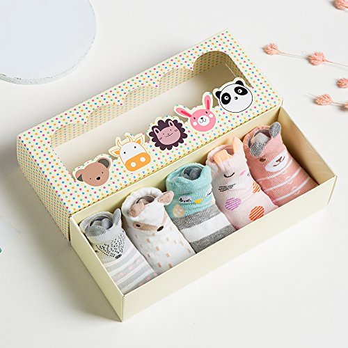 Dicry 5 Pairs Baby Girl Socks 3d Ears Cartoon Animal Toddler Antiskid Non-slip Socks for 6-18 Months Infant