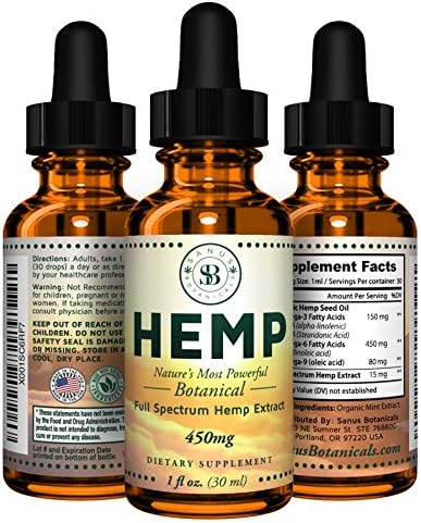 Hemp Oil by Sanus Botanicals Full Spectrum Hemp Oil with Omega 3,6,9 Fatty Acids (1 oz, Mint Flavor)