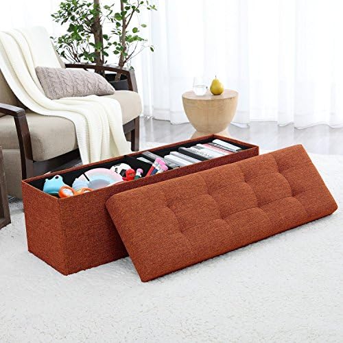 Ellington Home Foldable Tufted Linen Large Storage Ottoman Bench Foot Rest Stool/Seat - 15" x 45" x 15" (Rust)