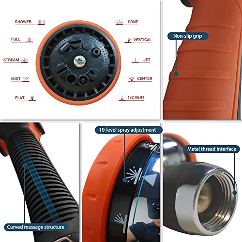 Garden Hose Nozzle | Flosuber Hose Spray Nozzle Water Hose Nozzle Heavy Duty 10 Adjustable Watering Patterns, Slip and Shock Resistant for Outdoor Lawn & Plant, Car & Pet Washing
