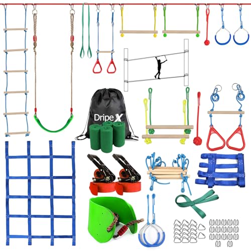 Dripex Slackline, Ninja Slackline Kinder 2×15m und Ninja Warrior Hindernisparcours Garten im Freien,Ninja Parcours Kinder mit Schaukel, Kletterleiter,