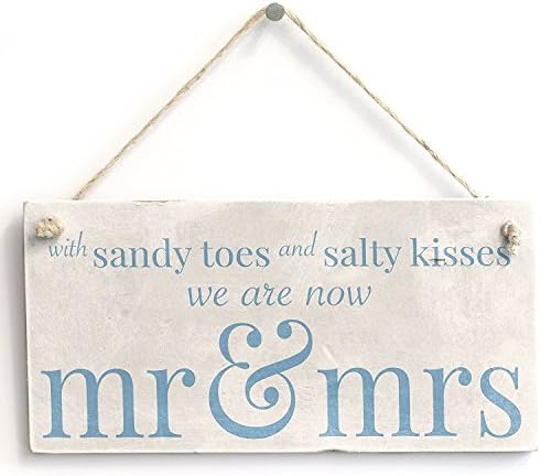 With Sandy Toes .. Mr & Mrs - Handmade Wooden Sign Beach Wedding / Married Sign Wooden Hanging Sign 4" X 8"