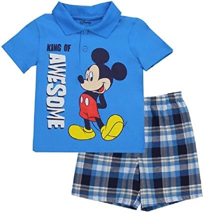 Disney Mickey Infant King Of Awesome Boys Polo Shirt &amp; Plaid Short Set (12M, Teal Blue)