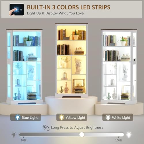 180cm Tall Display Cabinet with Glass Doors, Modern Curio Cabinet with 3 Color Lights, 7-Tiers Glass Display Cases for Collectibles, Tall Lego Storage Cabinet with Human Body Sensor (White)