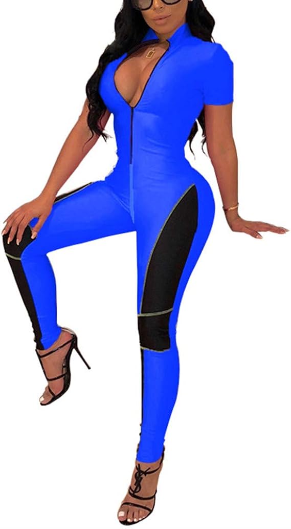 Women's Sexy Bodycon Athletic Jumpsuit V Neck Zipper
