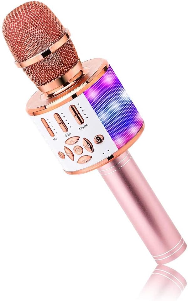 BONAOK Kabelloses Bluetooth-Mikrofon, Kindermikrofon mit LED-Lichtern, Mini-Karaoke-Maschine für Party/Zuhause/Geburtstag, kompatibel mit Bluetooth iOS Android (Rosa)